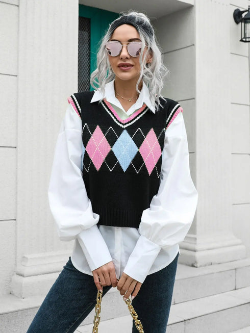 'Leocadia' Diamond Print Sleeveless Knit Sweater - Celes Fashion